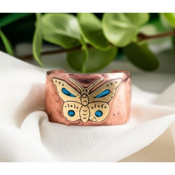 VTG Cobre Copper & Brass Turquoise Inlay Butterfly Wide Cuff Bracelet 7" Mexico - Picture 9 of 11